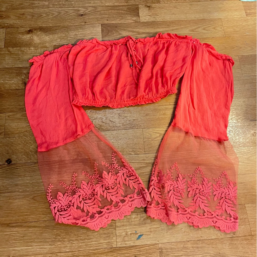 Hot pink off the shoulder bell sleeve crop top